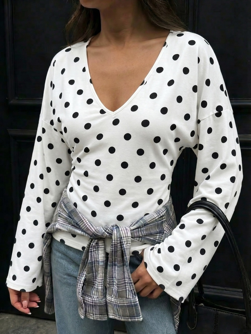 Polka Dot V-Neck Long Sleeve T-Shirt